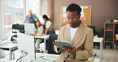 Buy stock photo Business, man and reading with tablet in office for research, editing article and draft update. Journalist, coworking and digital to email editor, proofreading and submission for publication schedule