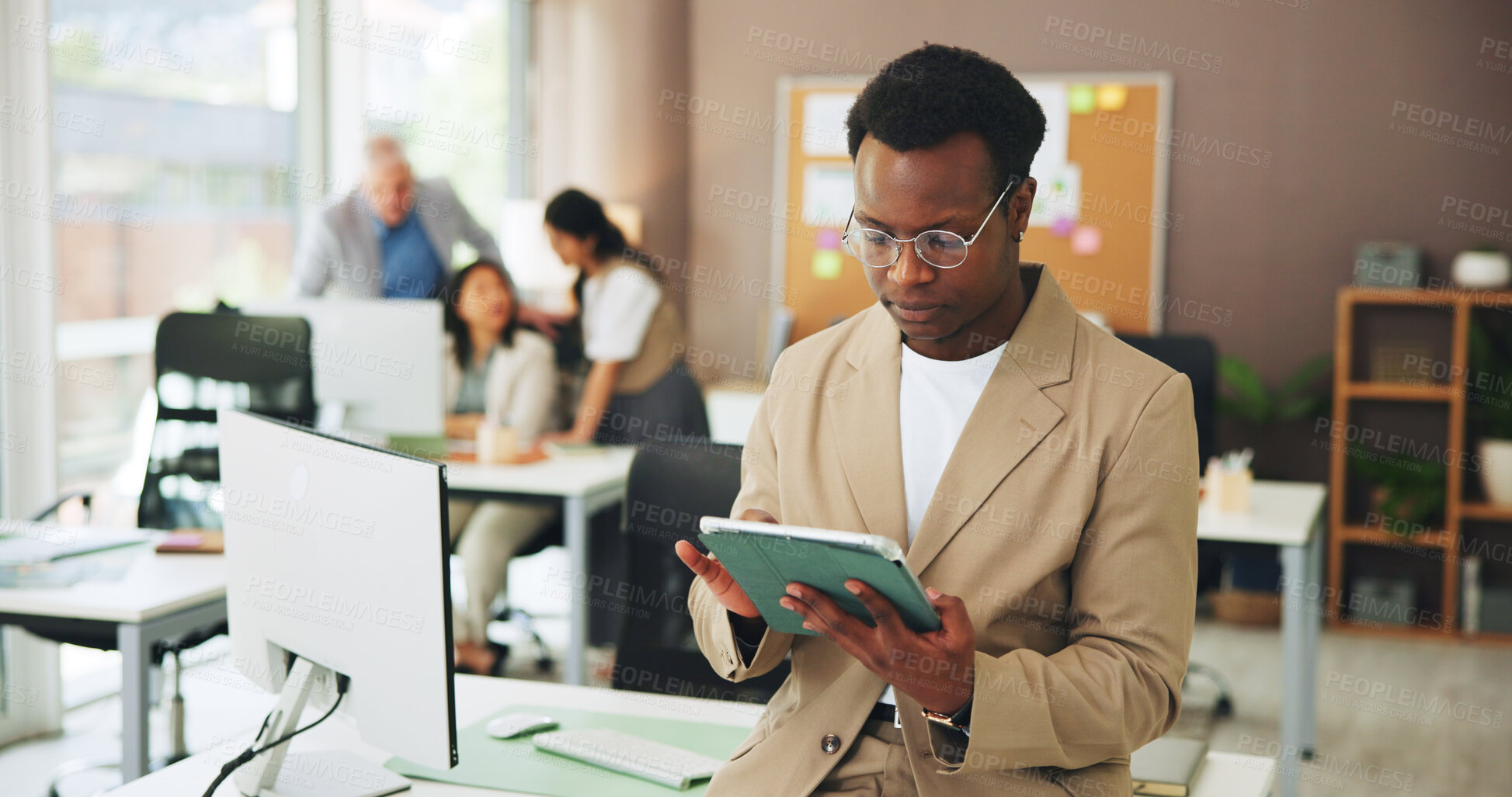 Buy stock photo Business, man and reading with tablet in office for research, editing article and draft update. Journalist, coworking and digital to email editor, proofreading and submission for publication schedule