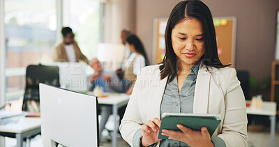 Buy stock photo Reading, marketing or woman in office with tablet, industry research or ideas for company growth. Review, coworking or director in agency with tech, inspiration or planning for brand promotion.