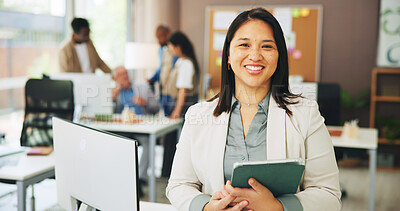 Buy stock photo Media agency, portrait and happy woman in office, tablet and confidence with publication. Person, employee and journalist in workplace, tech and submission with creative project, email and pride