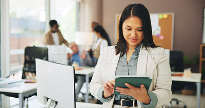 Buy stock photo Reading, marketing or woman in office with tablet, industry research or report for company growth. Review, scroll and director in agency with tech, info or trend forecast for brand promotion.