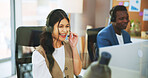 Happy woman, agent or computer with headset in office for online advice or virtual assistance. Female person, employee or consultant with mic or technology for CRM communication, help or support