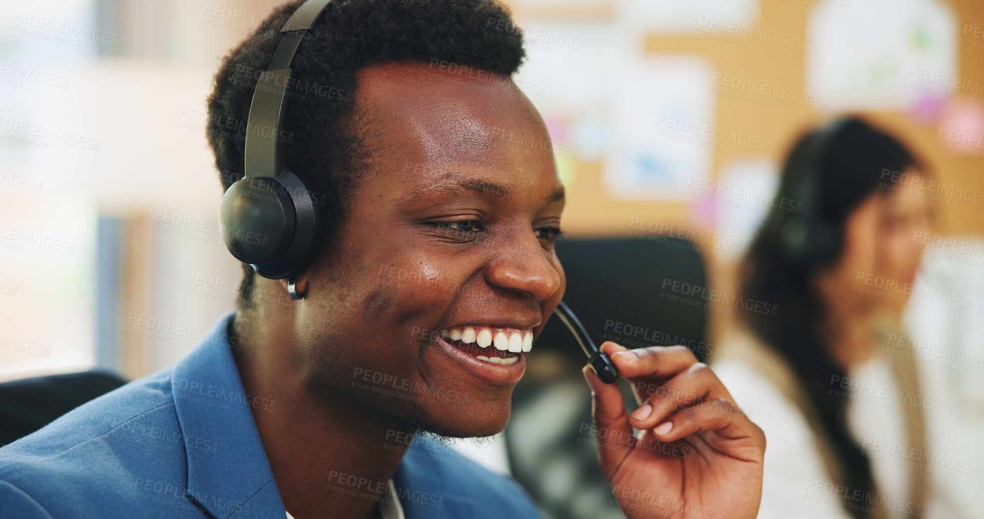 Buy stock photo Happy man, consultant or coworking with headset in office for online advice or virtual assistance. Businessman, employee or agent with smile, mic or technology for CRM communication, help or support