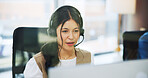 Woman, consultant or computer with headset in office for online advice or virtual assistance. Female person, employee or agent with mic or technology for communication, help or support in workplace