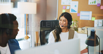 Buy stock photo Business, people and smile with headset at call centre for customer service, crm and training. Team, happiness and talking with computer for mentorship, telecom support and tips for online assistance