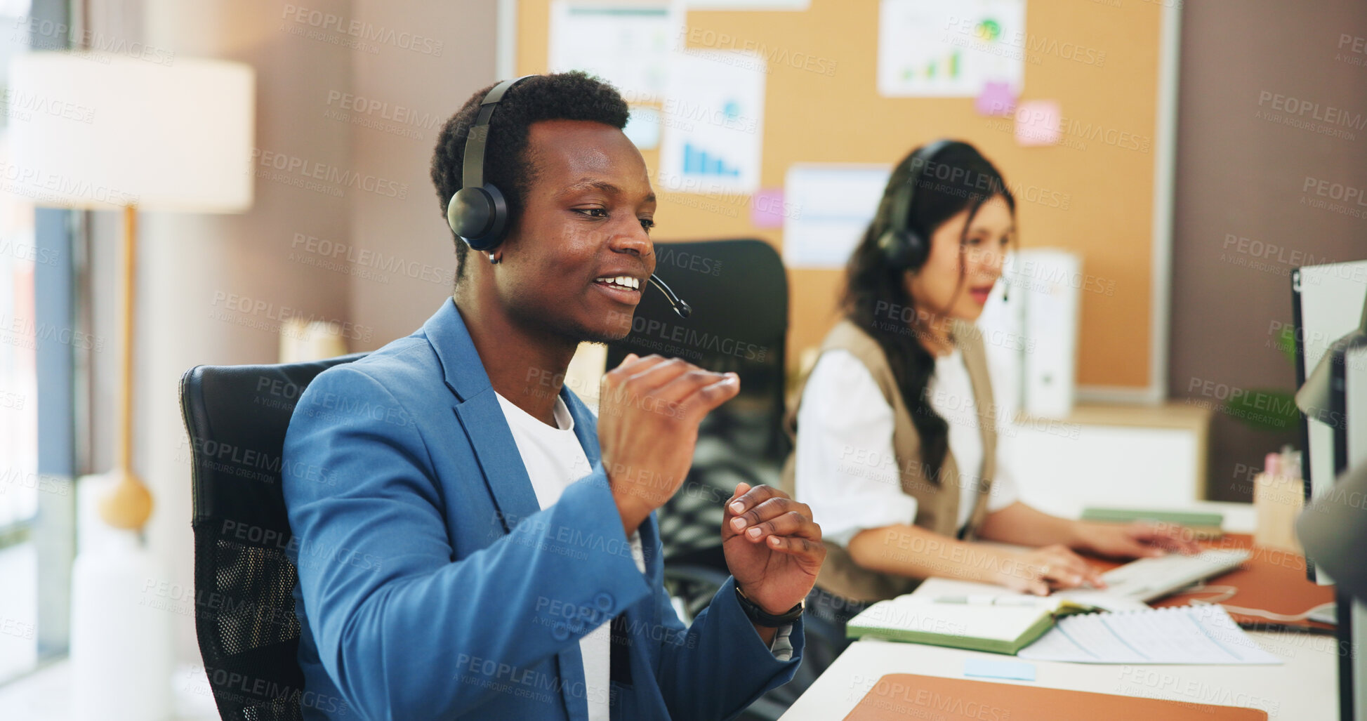 Buy stock photo Happy man, agent or computer with headset in office for online advice or virtual assistance. Businessman, employee or consultant with smile, mic or technology for CRM communication, help or support