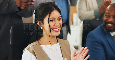 Buy stock photo Media agency, applause and woman in office, celebration and copywriting with achievement. Happy people, journalist and employees with success, clapping and cheering with submission, growth or excited
