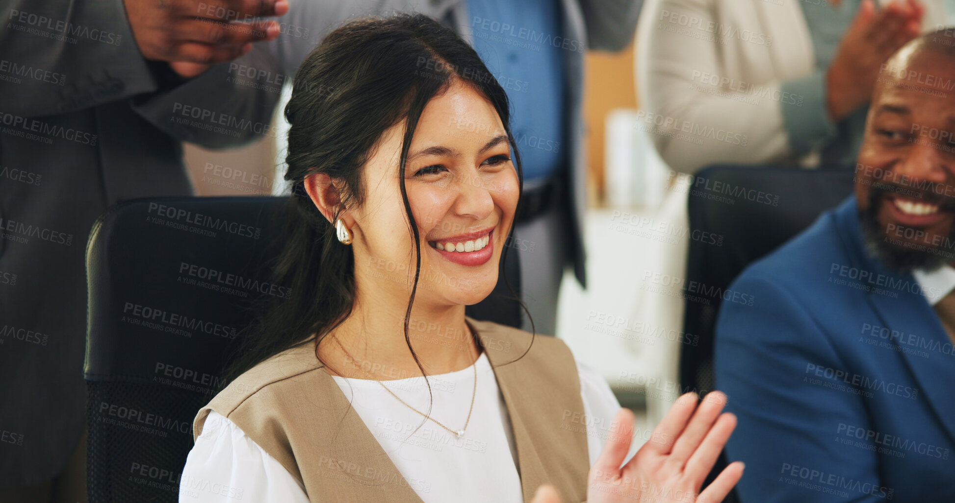 Buy stock photo Media agency, applause and woman in office, celebration and copywriting with achievement. Happy people, journalist and employees with success, clapping and cheering with submission, growth or excited