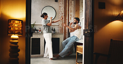 Buy stock photo Couple, brushing teeth and singing in bathroom for morning routine, dental wellness or bonding together. Married people, cleaning mouth or dance in home for oral hygiene, fun or healthy relationship.