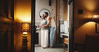Buy stock photo Couple, thinking and hug in bathroom at hotel with weekend getaway, bonding together or idea for future. Happy, married people and vision in lodge for healthy relationship goals, holiday or vacation.