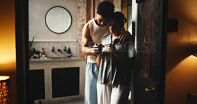 Buy stock photo Sad, pregnancy test and support with couple in bathroom for negative result, fertility stick fail and worry. Disappointing, infertility and ovulation with man and woman in home for maternity check