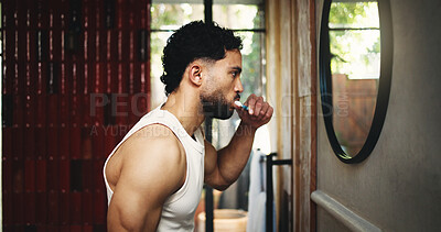 Buy stock photo Man, profile or brushing teeth with mirror in bathroom for dental hygiene or fresh breath. Male person, cleaning and grooming with toothbrush or morning routine in home for mouth, oral and gum care