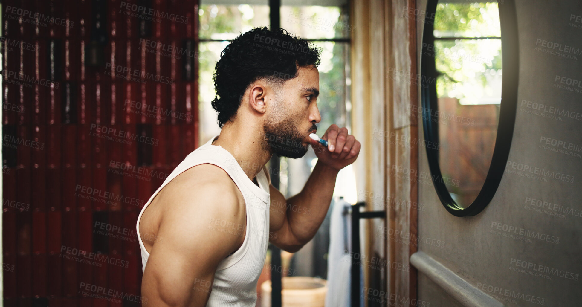 Buy stock photo Man, profile or brushing teeth with mirror in bathroom for dental hygiene or fresh breath. Male person, cleaning and grooming with toothbrush or morning routine in home for mouth, oral and gum care