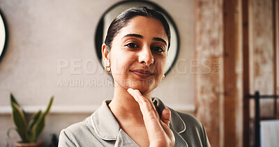 Buy stock photo Woman, portrait or grooming with skincare in bathroom for morning routine or cosmetics in home. Female person, reflection or cleaning with mirror for hygiene, smooth skin or facial treatment in house