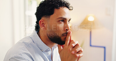 Buy stock photo Reflection, serious or man in house with plan, choice or problem solving for startup growth. Thinking, decision or entrepreneur in home with idea, contemplation or solution for small business.