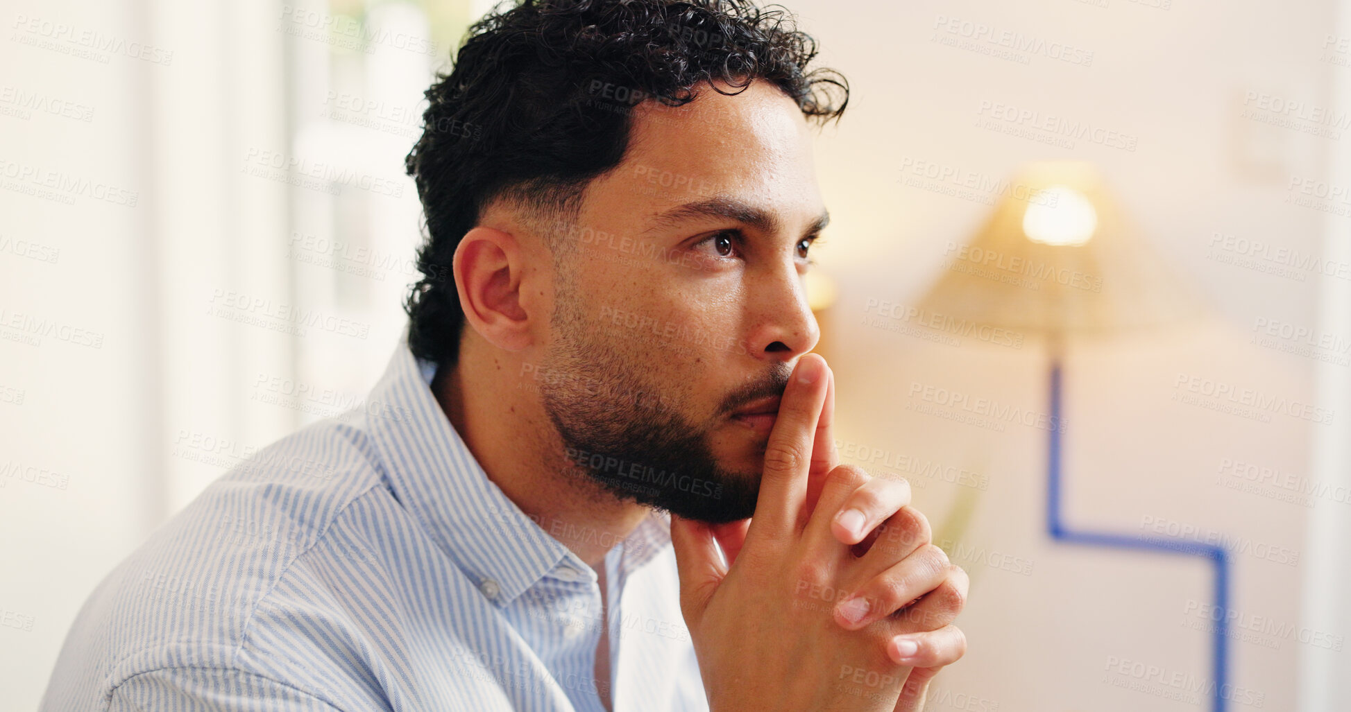 Buy stock photo Reflection, serious or man in house with plan, choice or problem solving for startup growth. Thinking, decision or entrepreneur in home with idea, contemplation or solution for small business.