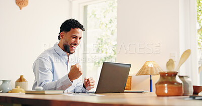 Buy stock photo Excited businessman, remote work and laptop with good news in home for winning, promotion or prize. Happy, male person or freelancer with smile, fist pump or computer for business success in house