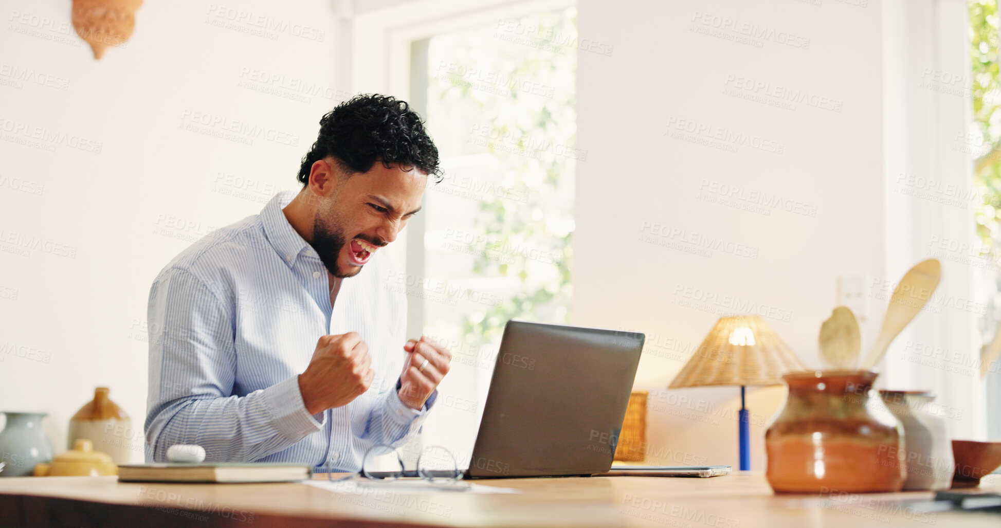 Buy stock photo Happy businessman, remote work or fist pump with laptop for good news, winning or promotion in home. Excited, male person or freelancer with smile, computer or bonus for business success in house