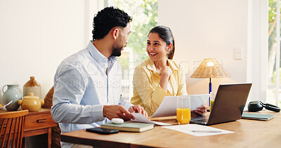 Buy stock photo Happy couple, laptop or financial planning with documents in home for budget review or expenses. Man, woman or accounting with paperwork, invoice or computer for finance, audit or bills together