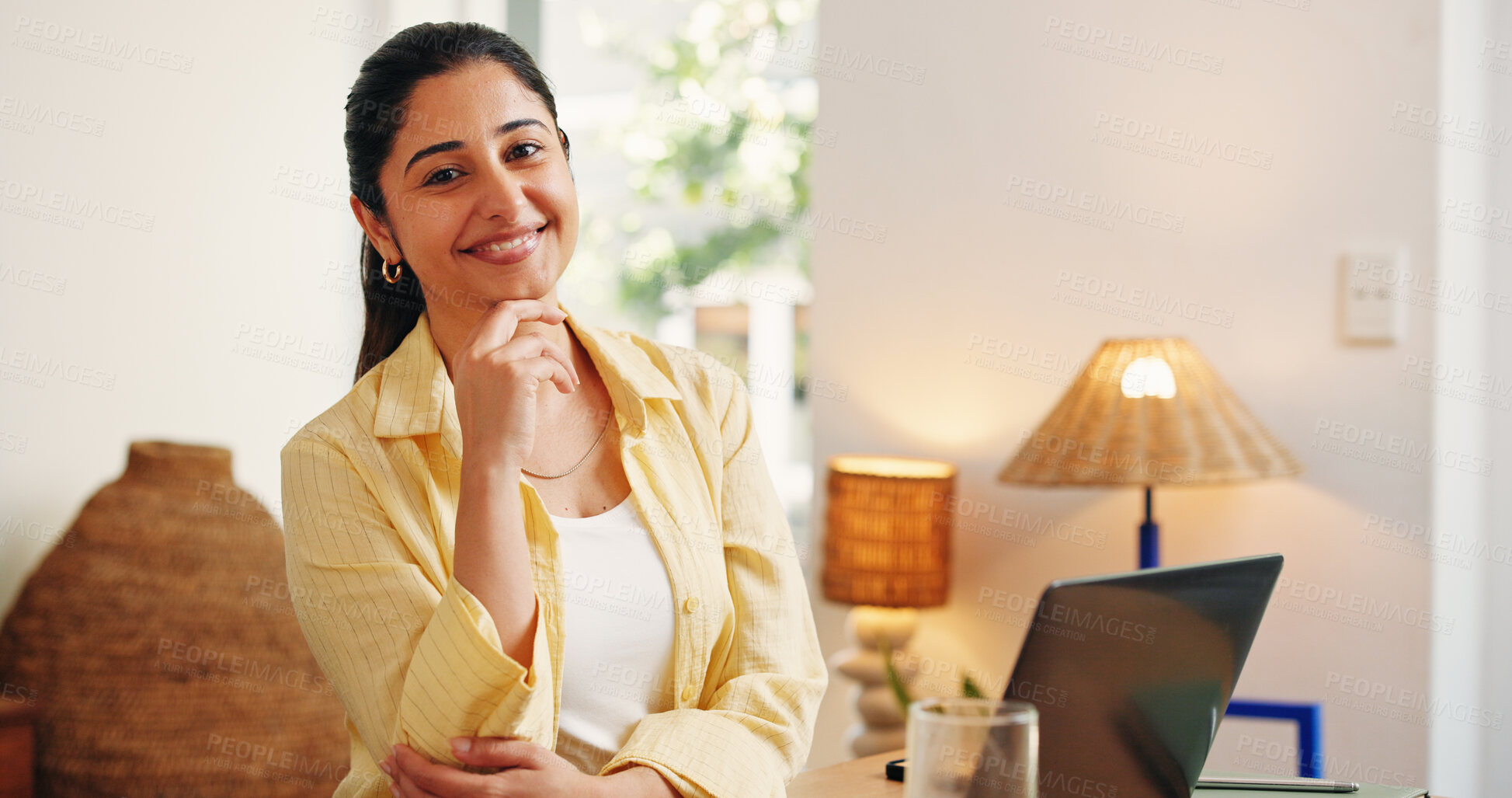 Buy stock photo Thinking, smile and freelancer with woman in home office for planning, reflection and confidence. Remote worker, pride and vision with person and laptop in living room of apartment for entrepreneur