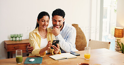 Buy stock photo Happy, online and couple with phone in home for booking, holiday resort and travel website. Apartment, love and man with woman on smartphone for hotel reviews, planning vacation and research for trip