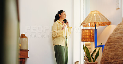 Buy stock photo Remote work, woman and phone call discussion in home for witness info, story follow up or feedback. Freelancer, journalist and contact source for interview schedule, publication update and networking