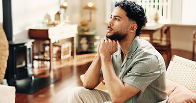 Buy stock photo Home, thinking and man on sofa, choice and contemplation with decision, calm and thoughtful. Rest, problem solving and person on couch, nostalgia and planning for daily activity, solution and memory