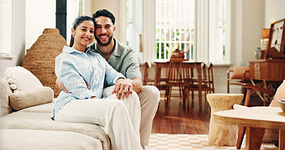 Buy stock photo Happy, love and portrait of couple on sofa for connection, bonding and relax in modern apartment. Weekend, marriage and man with woman in living room for commitment, healthy relationship and care