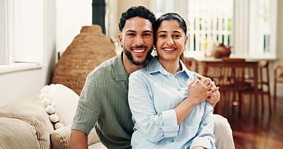 Buy stock photo Happy, hug and portrait of couple in home for connection, bonding and relax in apartment. Together, marriage and man with woman in living room for commitment, healthy relationship and love on weekend