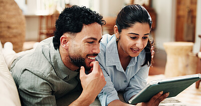 Buy stock photo Couple, tablet and relax on sofa, streaming and happy with movie choice in living room at house. Man, woman and tech with application, film subscription or smile with series on couch at apartment