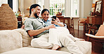 Couple, phone and relax on couch, laugh and scroll for funny video, bonding or post in living room at house. Happy woman, man and smartphone with mobile app, chat or meme on social media at apartment