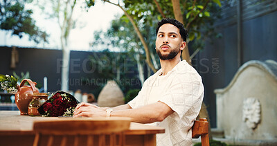 Buy stock photo Thinking, waiting and man with flowers, date delay and contemplation with Valentines day. Home, bouquet and person with stress, stood up or wonder with reflection, frustrated or annoyed with concern