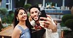 Happy, couple and selfie with roses, restaurant and excited for anniversary celebration and bonding. Outdoor, man and picture with woman on date, online and post for valentines day, romance or event