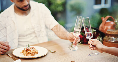 Buy stock photo Cheers, dinner and couple with champagne on date outdoor for valentines day, anniversary or romance. Pasta, sparkling wine and man with woman for marriage celebration in backyard at home together.