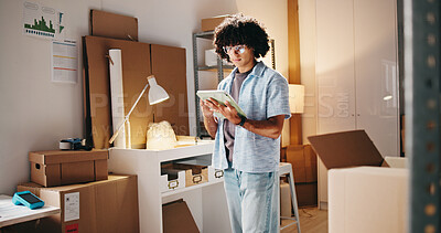 Buy stock photo Man, reading and tablet at startup ecommerce to confirm order, quality assurance and inventory. Male person, digital app and online checklist for supply chain, delivery schedule and customer reviews 