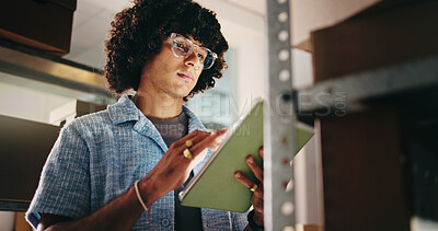 Buy stock photo Man, boxes and reading tablet in warehouse for inspection, information and inventory management. Below, person and digital with package for stock check, supply chain and update price for distribution