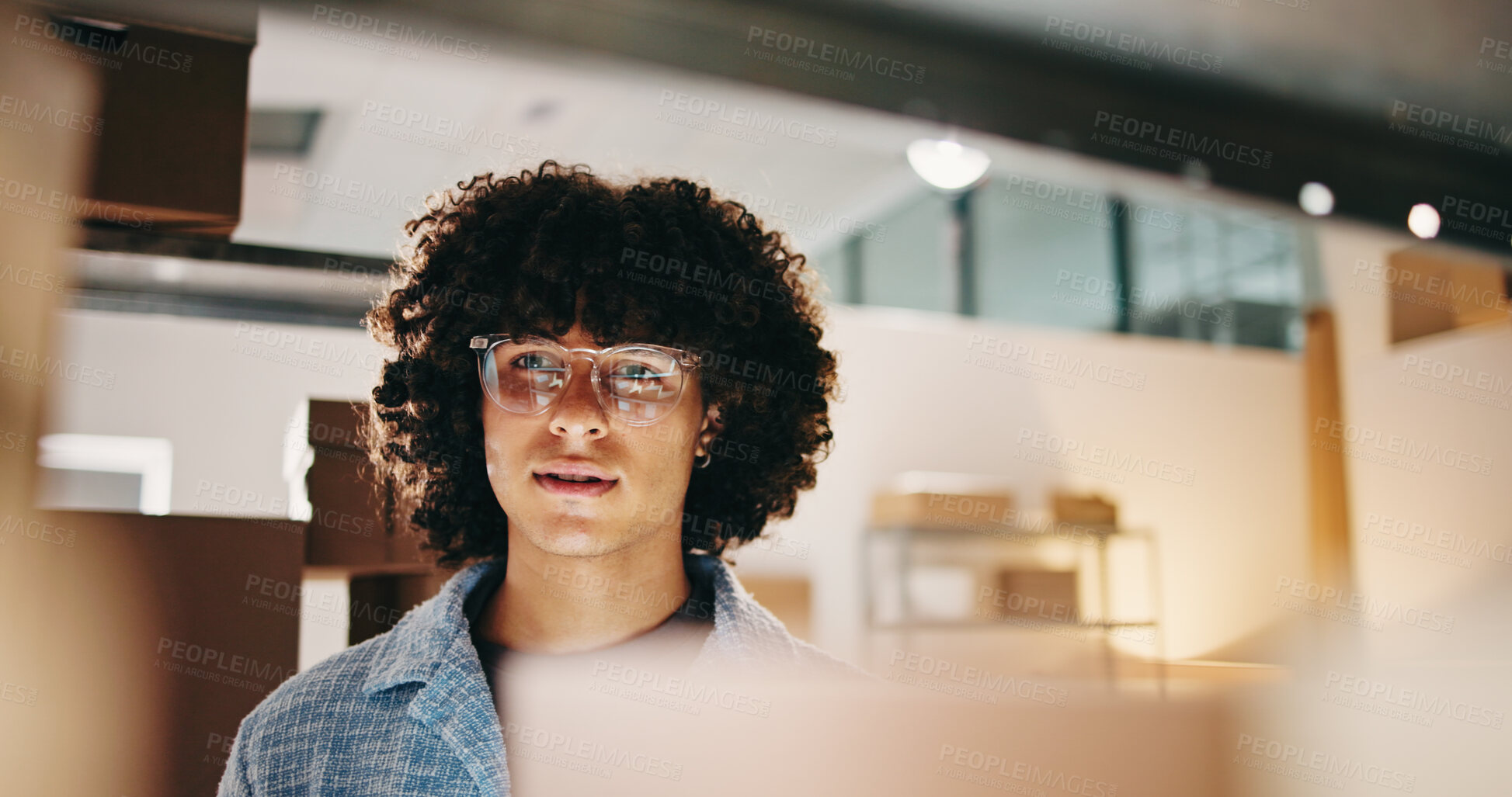 Buy stock photo Man, small business and thinking with boxes for shipping plan, decision or reflection in startup. Glasses, supply chain or entrepreneur at night with ideas for package, order or delivery distribution