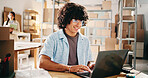 Man, reading and laptop at startup ecommerce to confirm order, quality control and inventory. Male person, pc and online checklist for supply chain, delivery price and information with catalog update