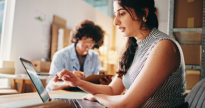 Buy stock photo Planning, laptop and logistics with woman in warehouse for delivery schedule, email confirmation and stock report. Digital inventory, ecommerce website and customer feedback with employee and tech