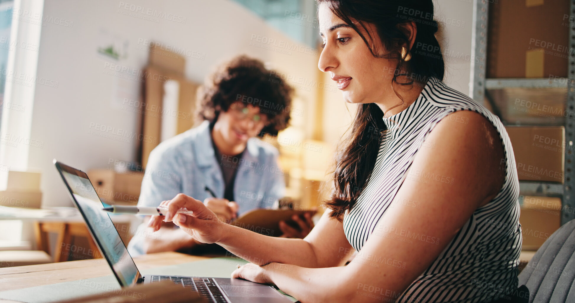 Buy stock photo Planning, laptop and logistics with woman in warehouse for delivery schedule, email confirmation and stock report. Digital inventory, ecommerce website and customer feedback with employee and tech