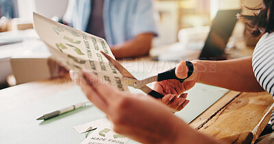 Buy stock photo Paper, scissors and hands of woman in office with information for sustainable delivery or courier. Ecommerce, package and small business owner with recycling label for eco friendly, order or process
