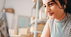 Woman, small business and smile with laptop for shipping plan, decision or reflection in startup. Thinking, supply chain or entrepreneur with ideas for package, order or delivery distribution