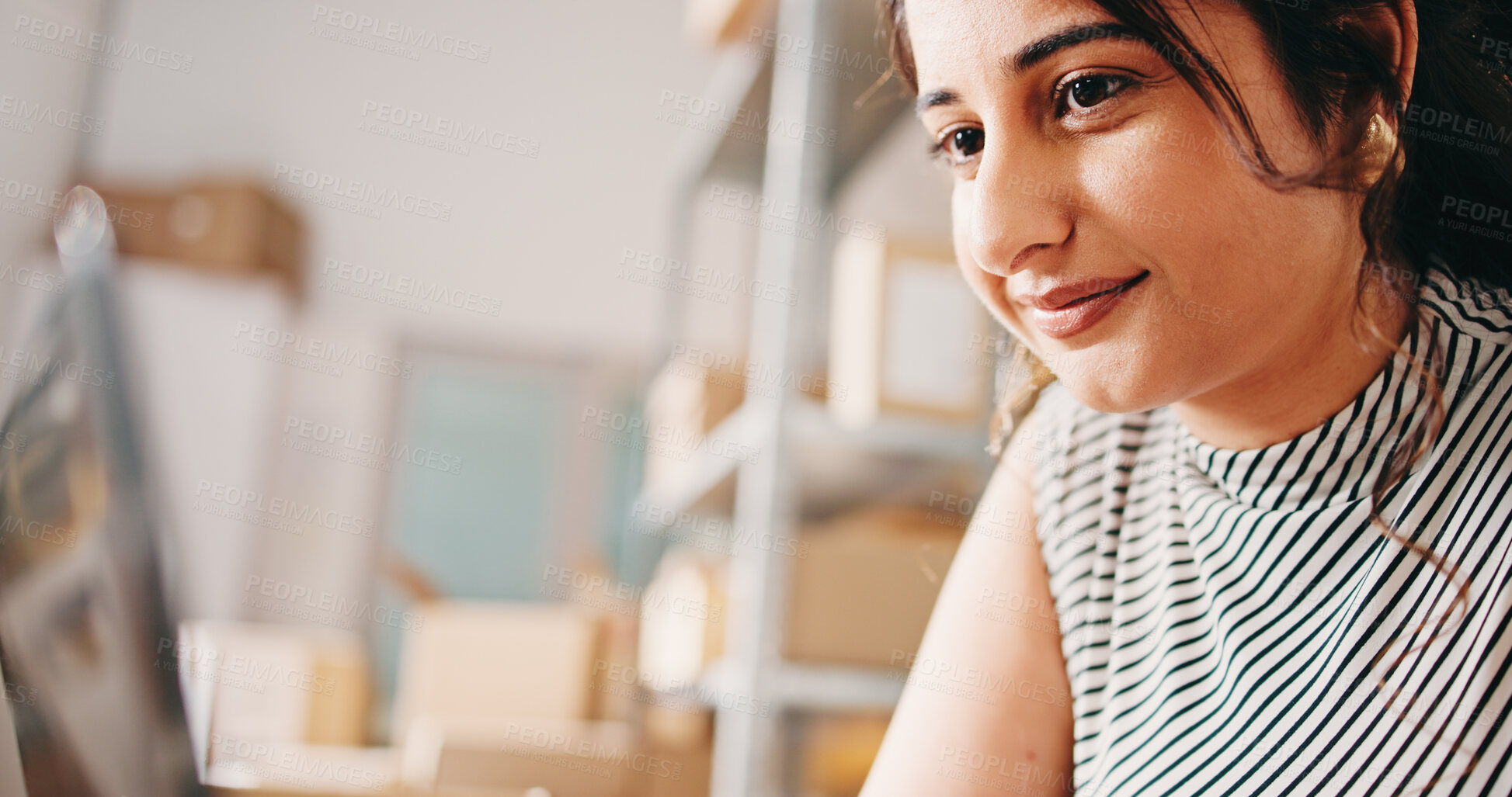 Buy stock photo Woman, small business and smile with laptop for shipping plan, decision or reflection in startup. Thinking, supply chain or entrepreneur with ideas for package, order or delivery distribution