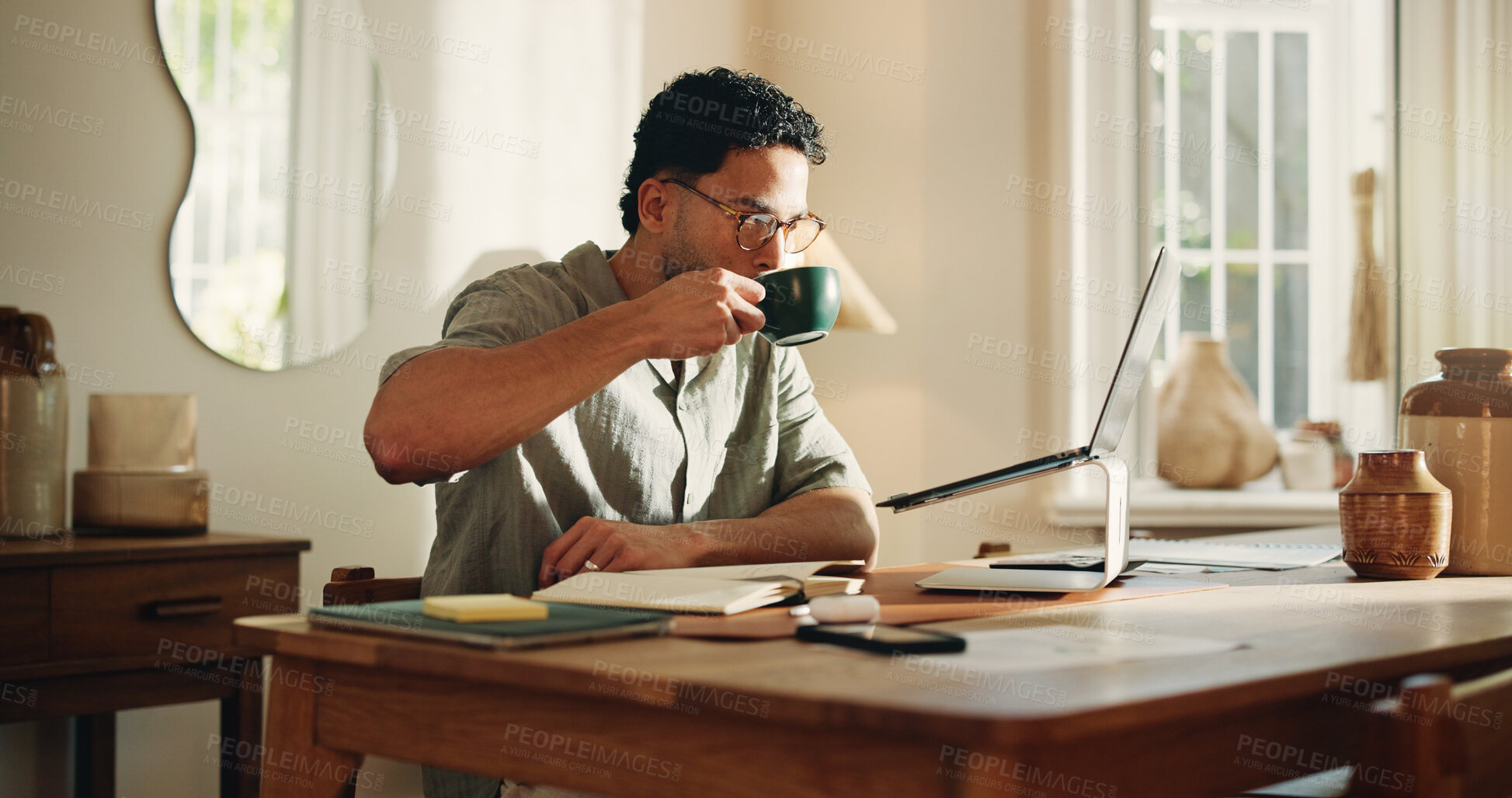 Buy stock photo Man, coffee and reading with laptop at house for research, copywriting and editor feedback. Person, remote work and beverage for proofreading on pc, update draft and story submission for publication