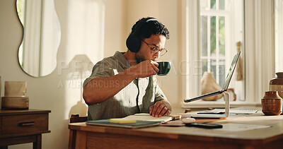 Buy stock photo Drinking, coffee and man with headphones, home and laptop for logo design on website or remote work. Graphic designer, break and streaming music with tech, online and freelancer with tea in house