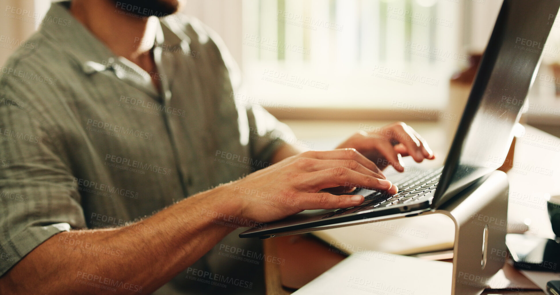 Buy stock photo Typing, research and hands with laptop, home and creative for logo design on website and remote work. Graphic designer, online and person with technology for digital art, planning and freelance task