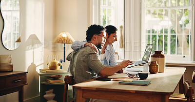 Buy stock photo Happy couple, documents and home with laptop for finance, budget planning or schedule investment. Man, woman or financial expenses with computer or research for audit, tax return or mortgage in house