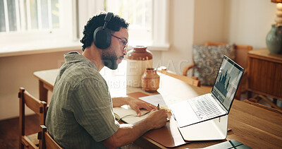 Buy stock photo Headphones, laptop screen or man with charts in home for stocks notes, stats review or trading podcast. Freelancer, trader and crypto dashboard for writing price share, market research and planning