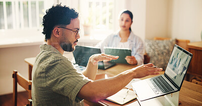 Buy stock photo Technology, startup and people with laptop, conversation and charts for stock market exchange. Coworking, man and woman with computer, connection and graphs for increase, discussion and feedback