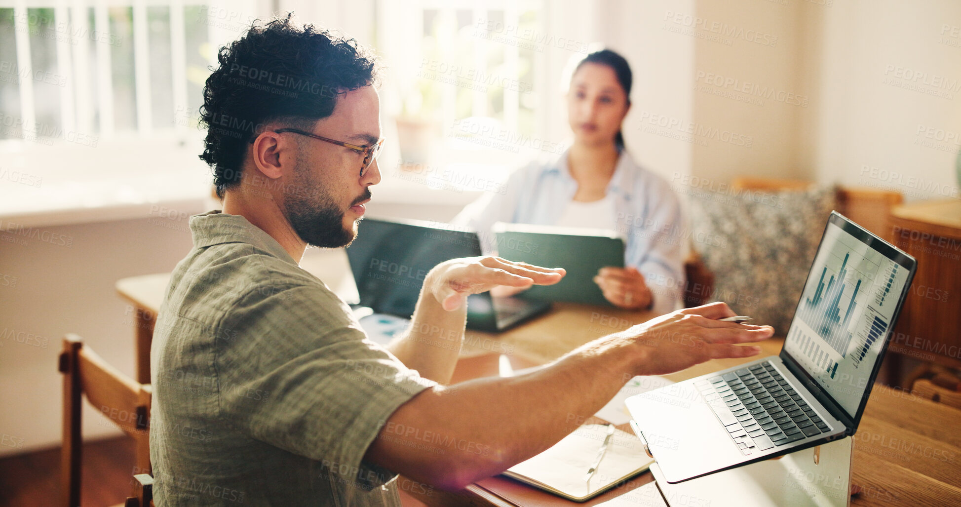Buy stock photo Technology, startup and people with laptop, conversation and charts for stock market exchange. Coworking, man and woman with computer, connection and graphs for increase, discussion and feedback